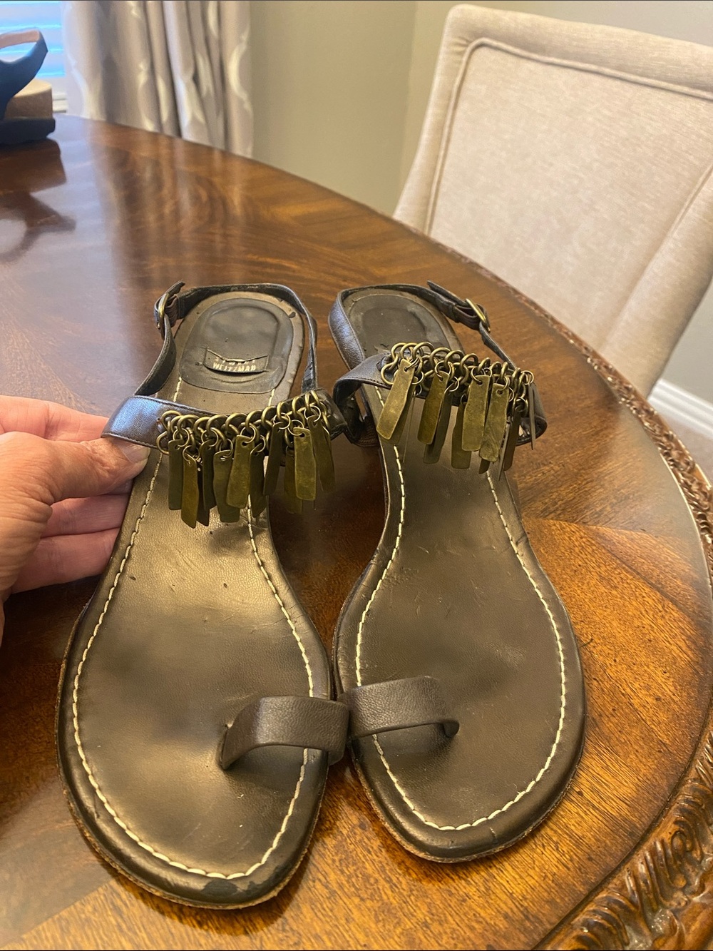 Stuart Weitzman Brown Leather Fringe Toe-Ring Sandals